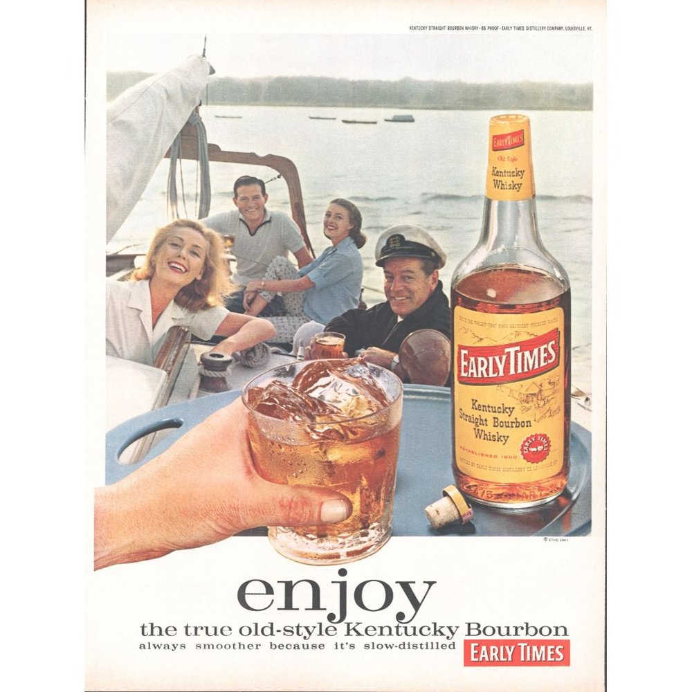1961 Early Times Kentucky Bourbon Vintage Print Ad Lake Sail Boat Sailing Art